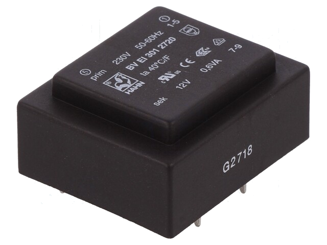Transformator: ingegoten; 0,6VA; 230VAC; 12V; 50mA; PCB; BVEI Transformator: ingegoten; 0,6VA; 230VAC; 12V; 50mA; PCB; BVEI